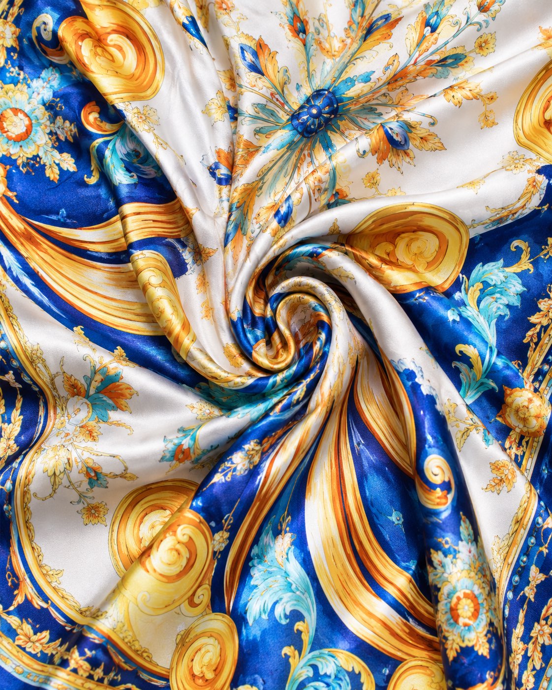 Close-up of Positano print Japanese poly satin — blue and gold baroque pattern with liquid sheen, We Hustle