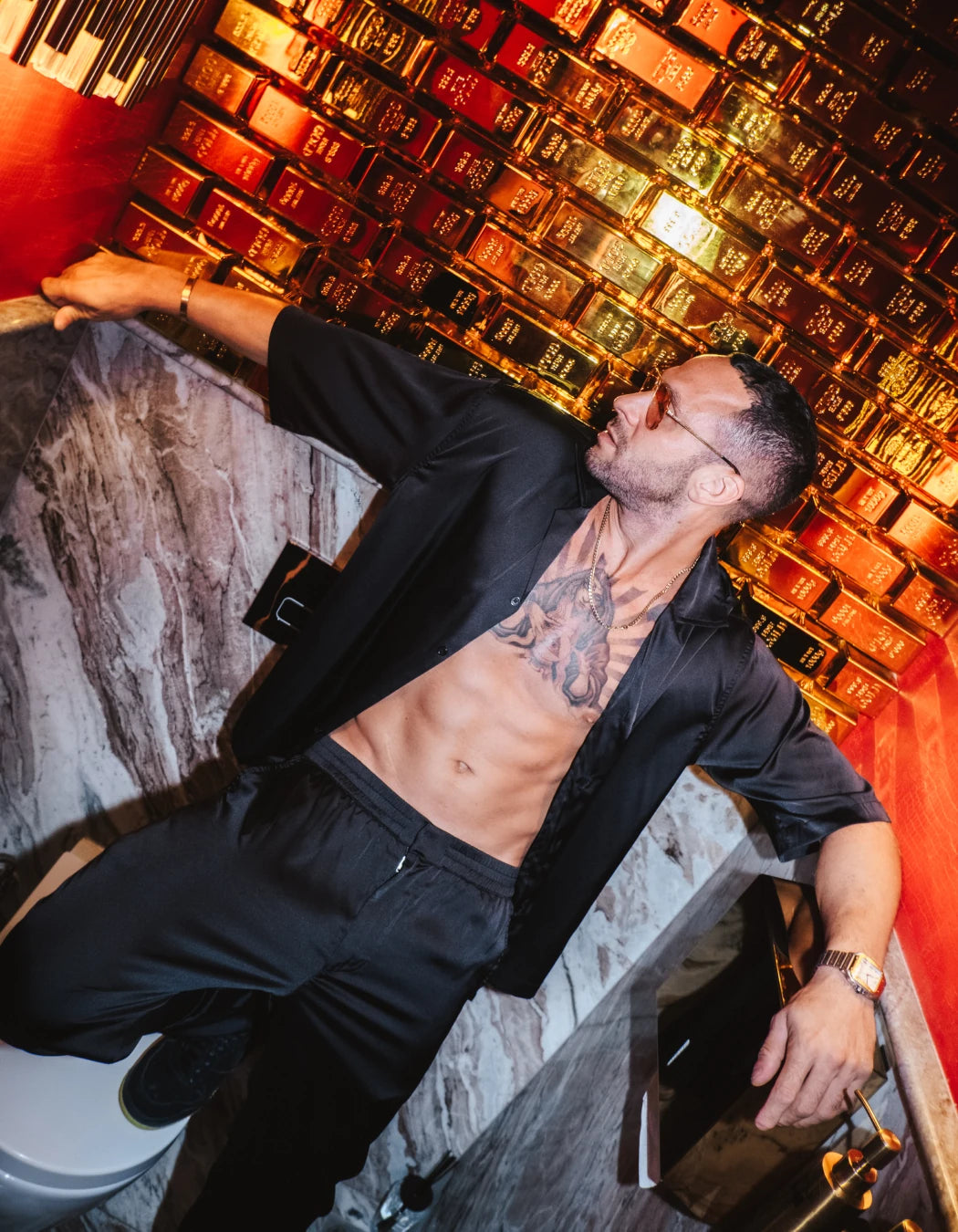 Black Is New Orange Set, men's Italian-design satin resort co-ord, We Hustle