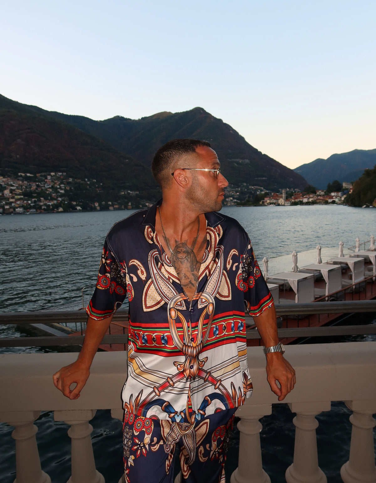 Cannes men's satin Cuban collar shirt on a lake balcony, We Hustle