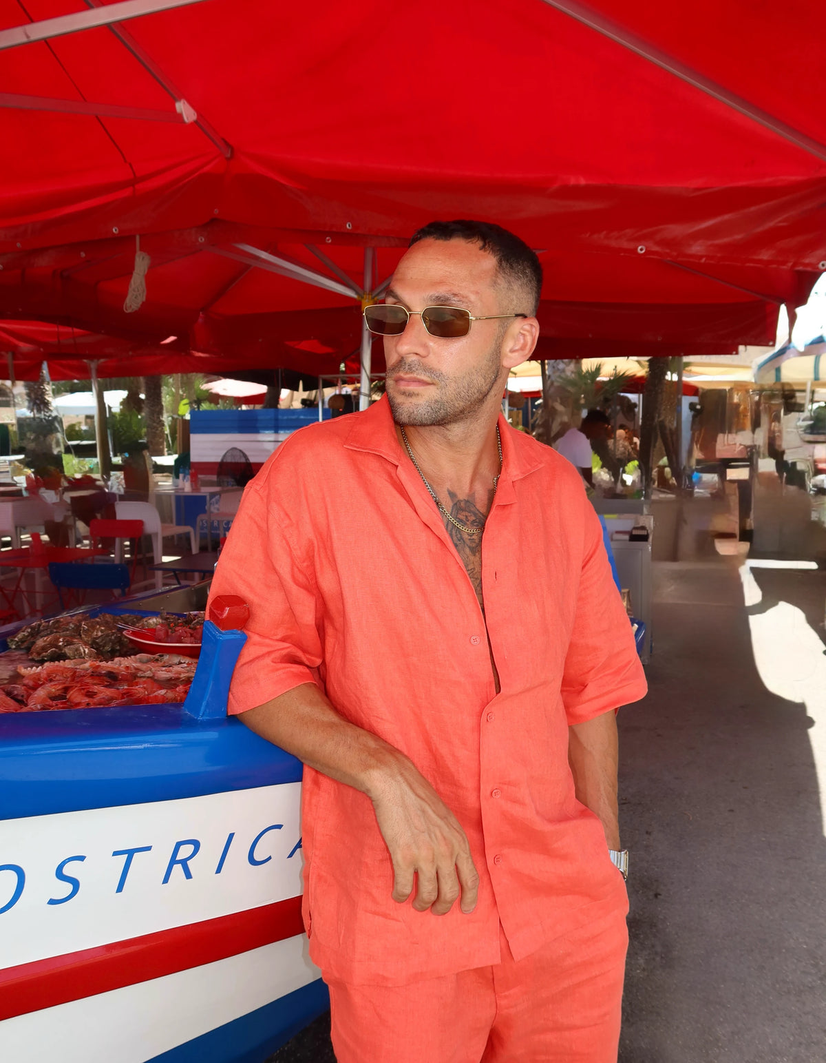 Coral men's linen set at the market, second look, We Hustle