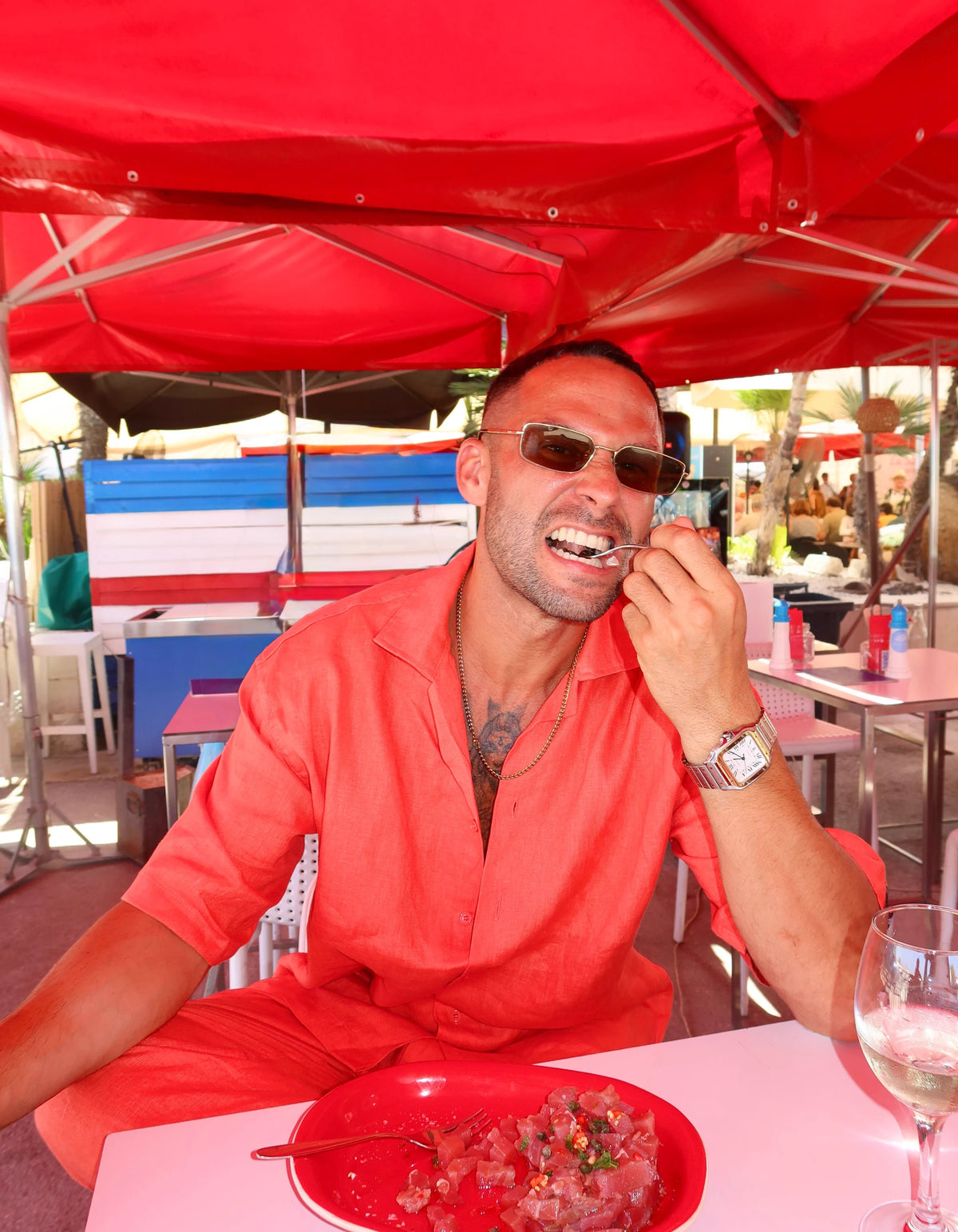 Coral men's linen set at the market, third look, We Hustle