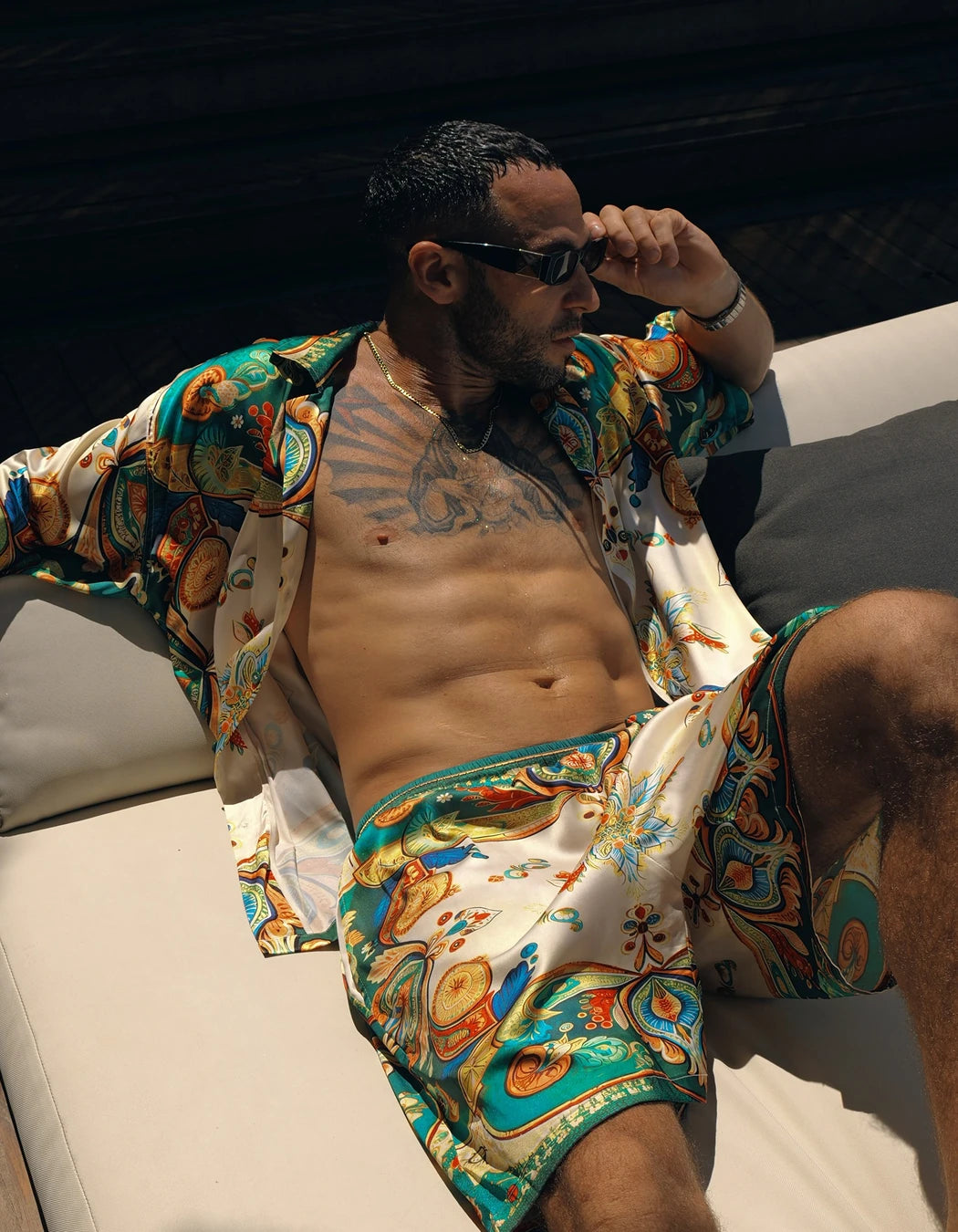 Dolce Vita Set, men's Italian-design satin resort shirt and swim shorts set, We Hustle