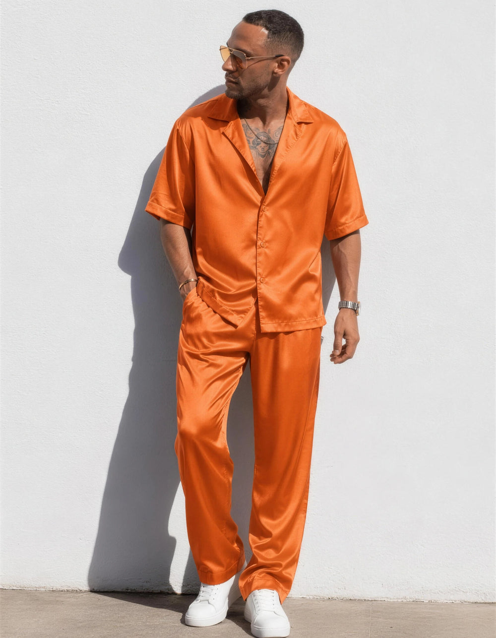 Fenyx Rising men's satin co-ord set, lifestyle shot, We Hustle
