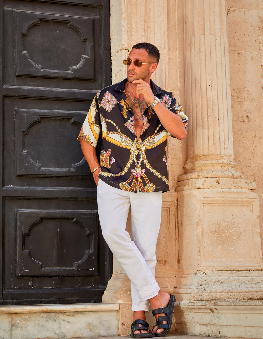 Monaco men's satin Cuban collar shirt, full look leaning in a stone doorway, We Hustle