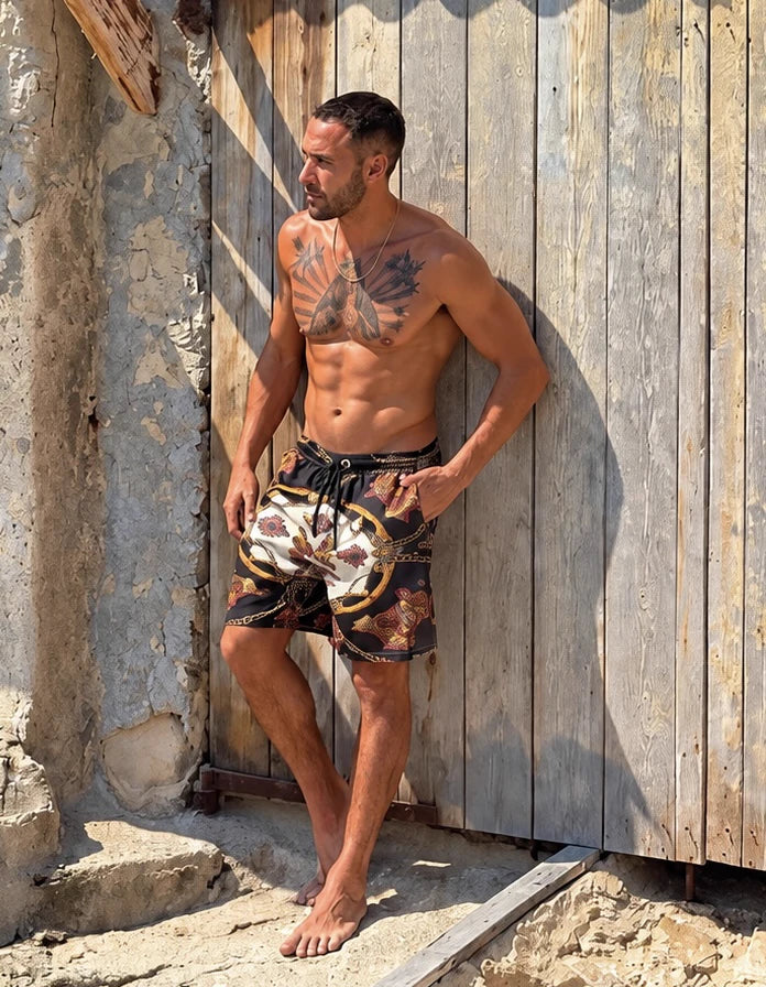 Monaco men's satin swim shorts worn, print and drawstring detail, We Hustle