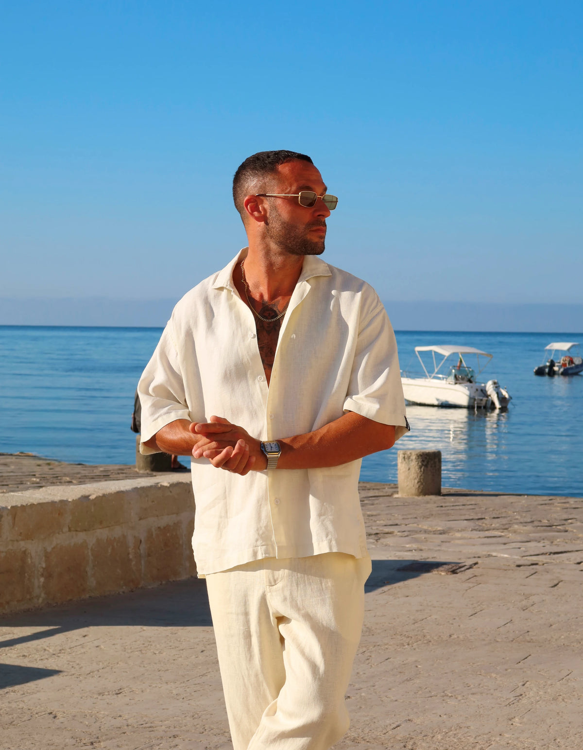 Off White men's linen set on the seafront, We Hustle