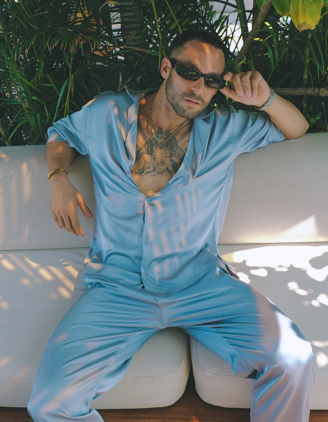 Pearl Grey Pants, men's Italian-design satin resort trousers, We Hustle