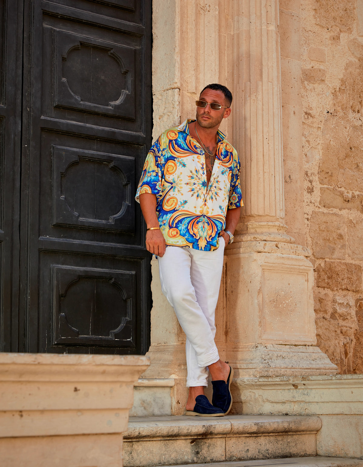 Positano men's satin Cuban collar shirt with white trousers, full look at the church door, We Hustle