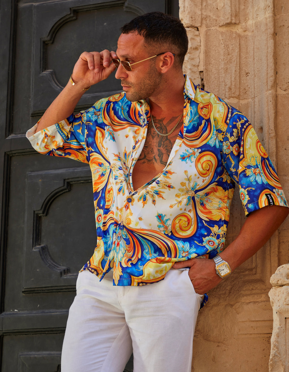 Positano men's satin Cuban collar shirt, print detail with sunglasses, We Hustle