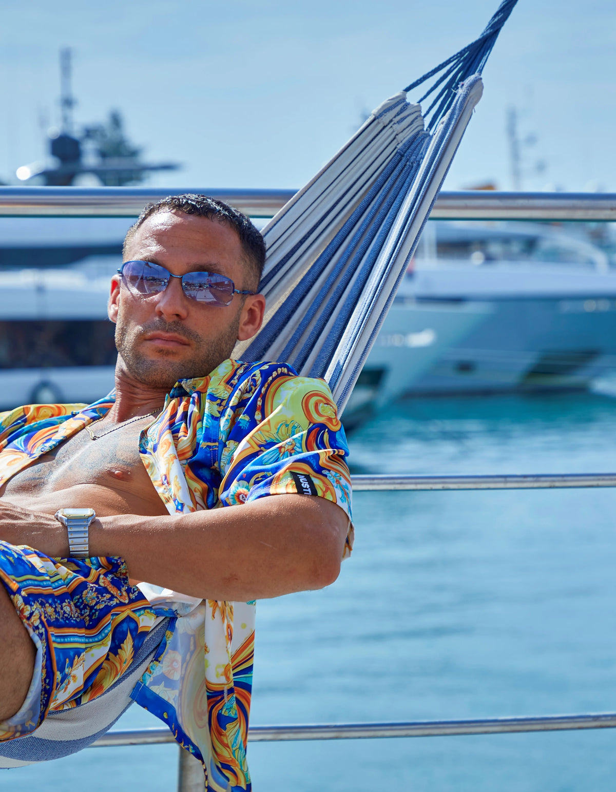 Positano men's satin shirt and swim short set, hammock on the harbour, third look, We Hustle