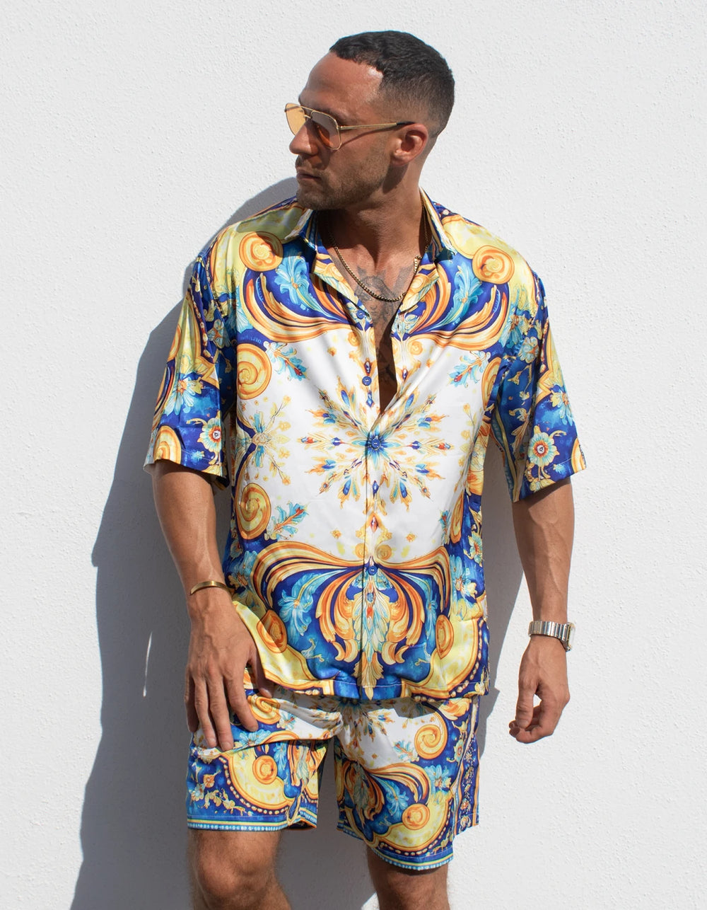Positano Set, men's Italian-design satin resort shirt and swim shorts set, We Hustle