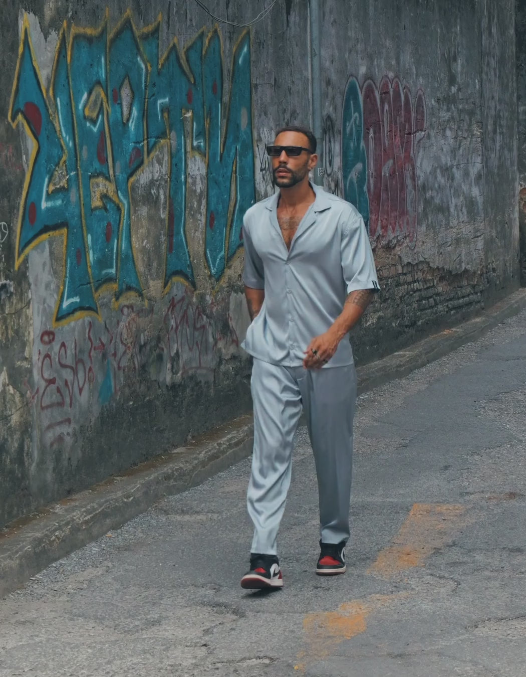 Pearl Grey Shirt, men's Italian-design satin resort shirt, Get Hustle
