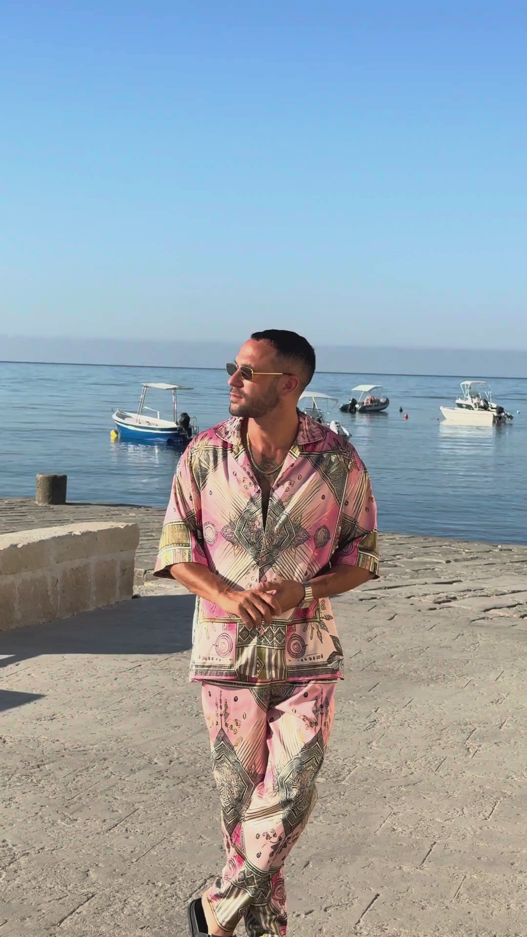 Scar City men's satin co-ord set video on the seafront, We Hustle