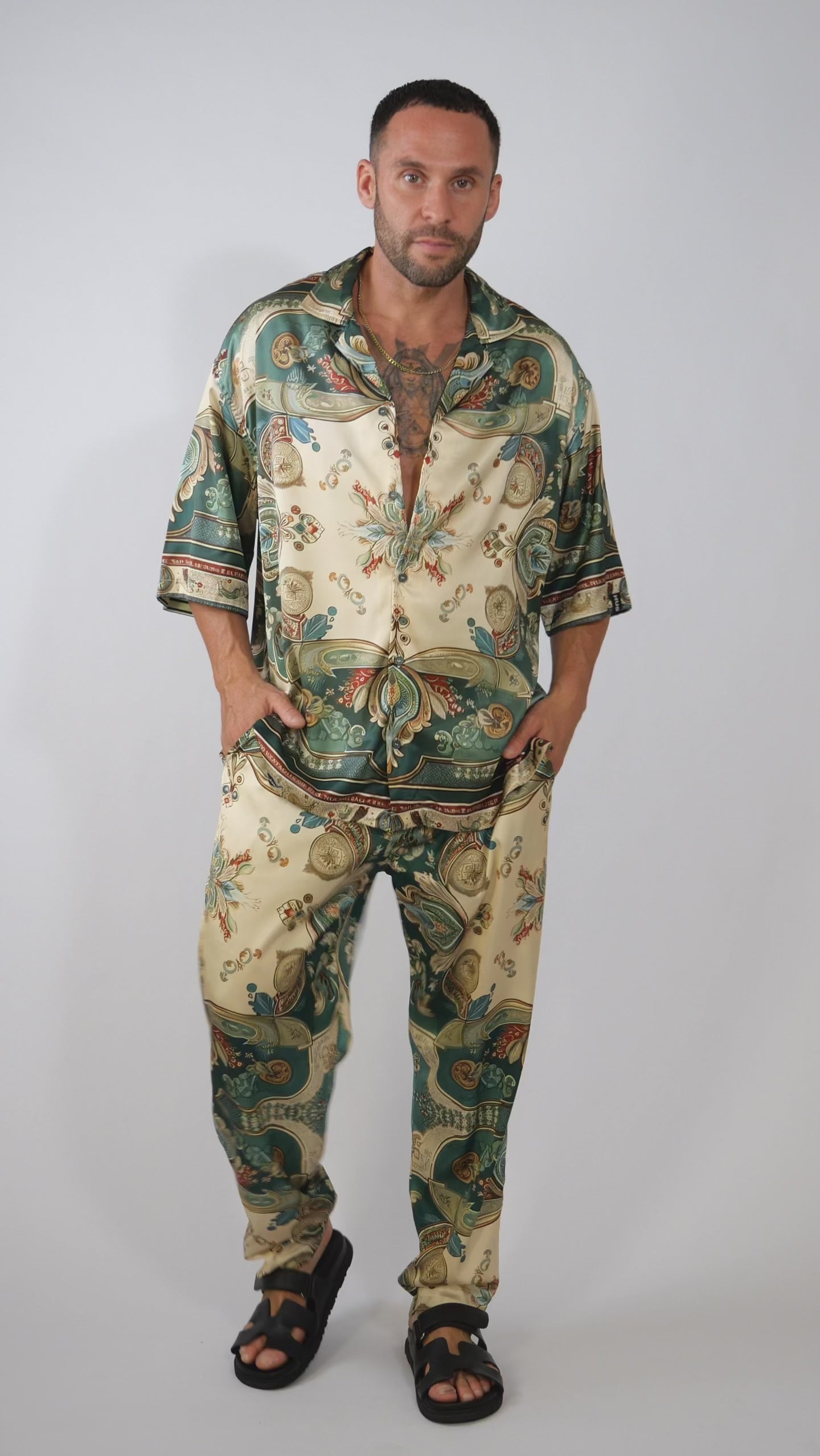 men luxury streetwear outfit video, printed shirt and pants set, HUSTLE brand 
