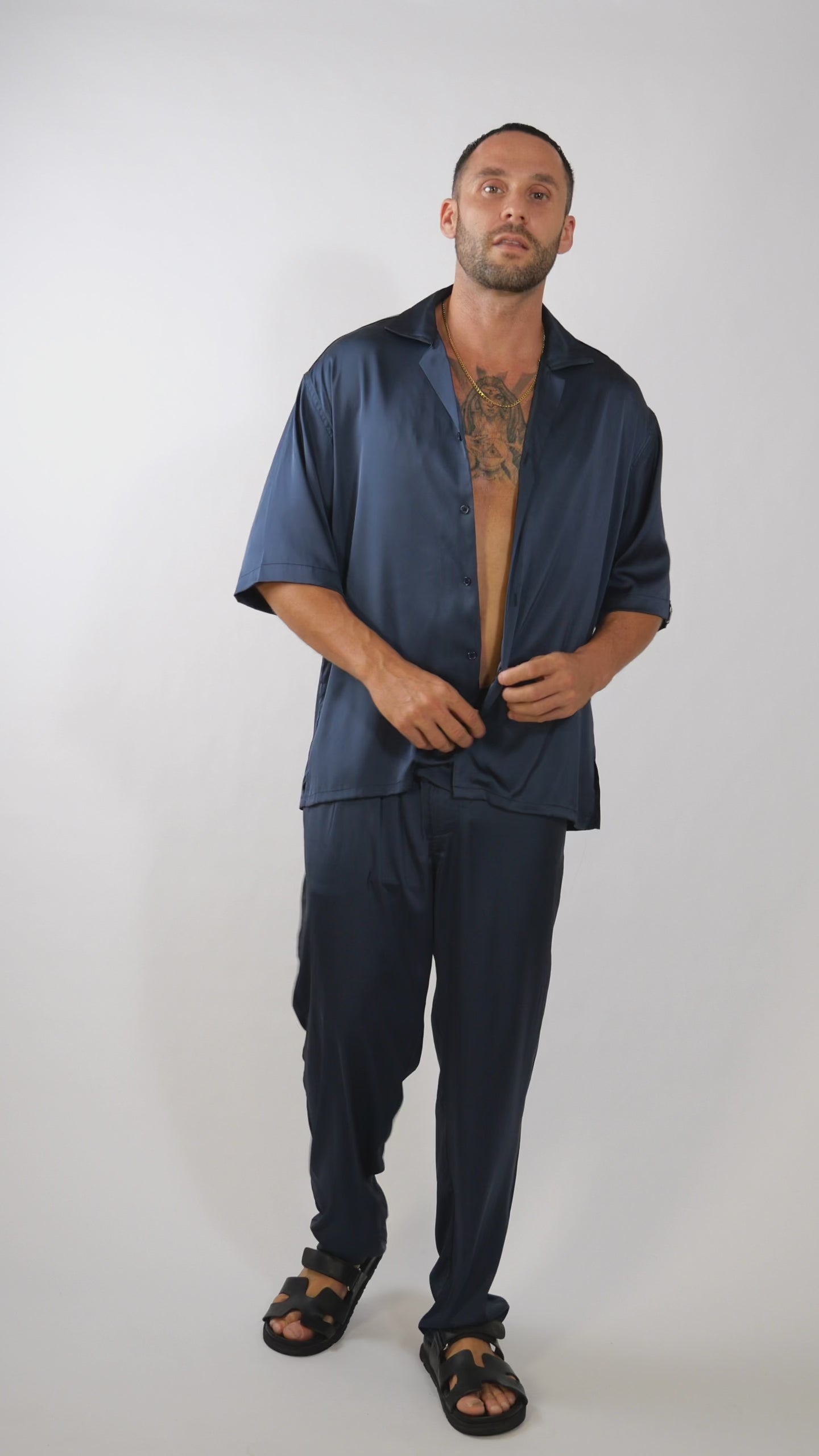 men luxury streetwear outfit video, monochromatic shirt and pants set, HUSTLE brand 
