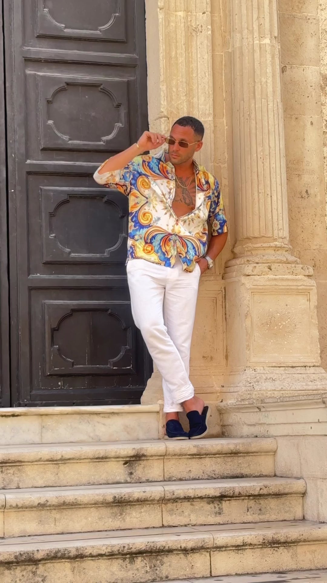 Positano men's satin shirt video, print and drape in motion at the church door, We Hustle
