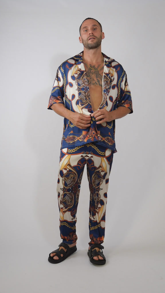 men luxury streetwear outfit video, printed shirt and pants set, HUSTLE brand 

