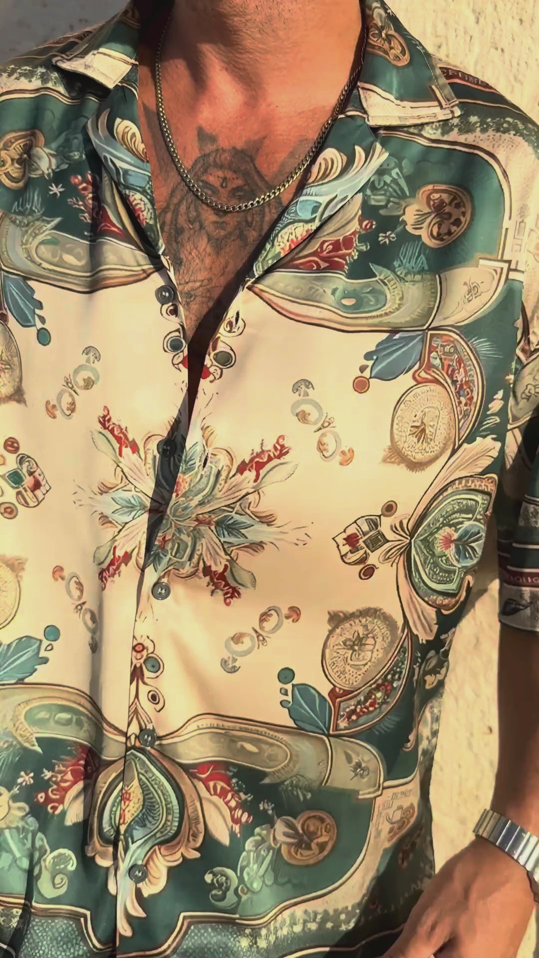 Welcome To Miami men's satin co-ord set video, close-up of the printed Cuban collar shirt and satin fabric in motion, We Hustle