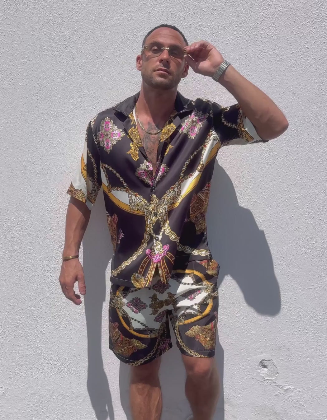 Monaco Set, men's Italian-design satin resort shirt and swim shorts set, Get Hustle