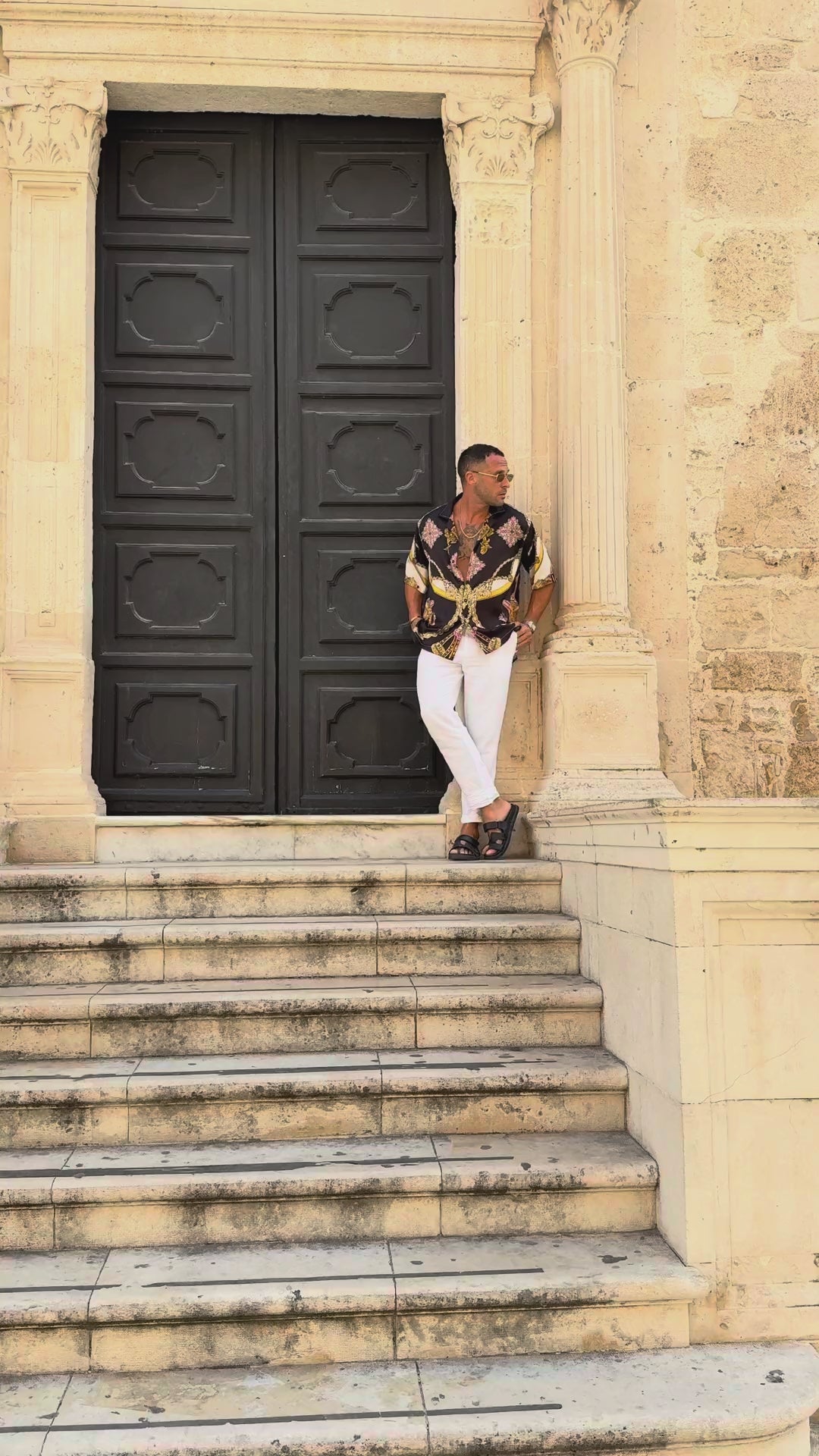 Monaco men's satin shirt video, full look on stone steps, print and drape in motion, We Hustle