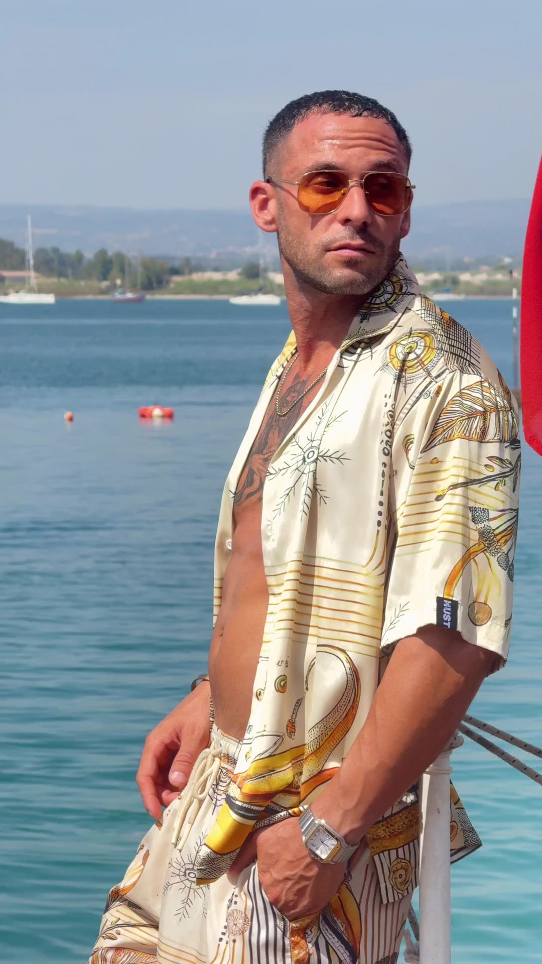 South Beach men's satin shirt and swim short set video on the pier, We Hustle