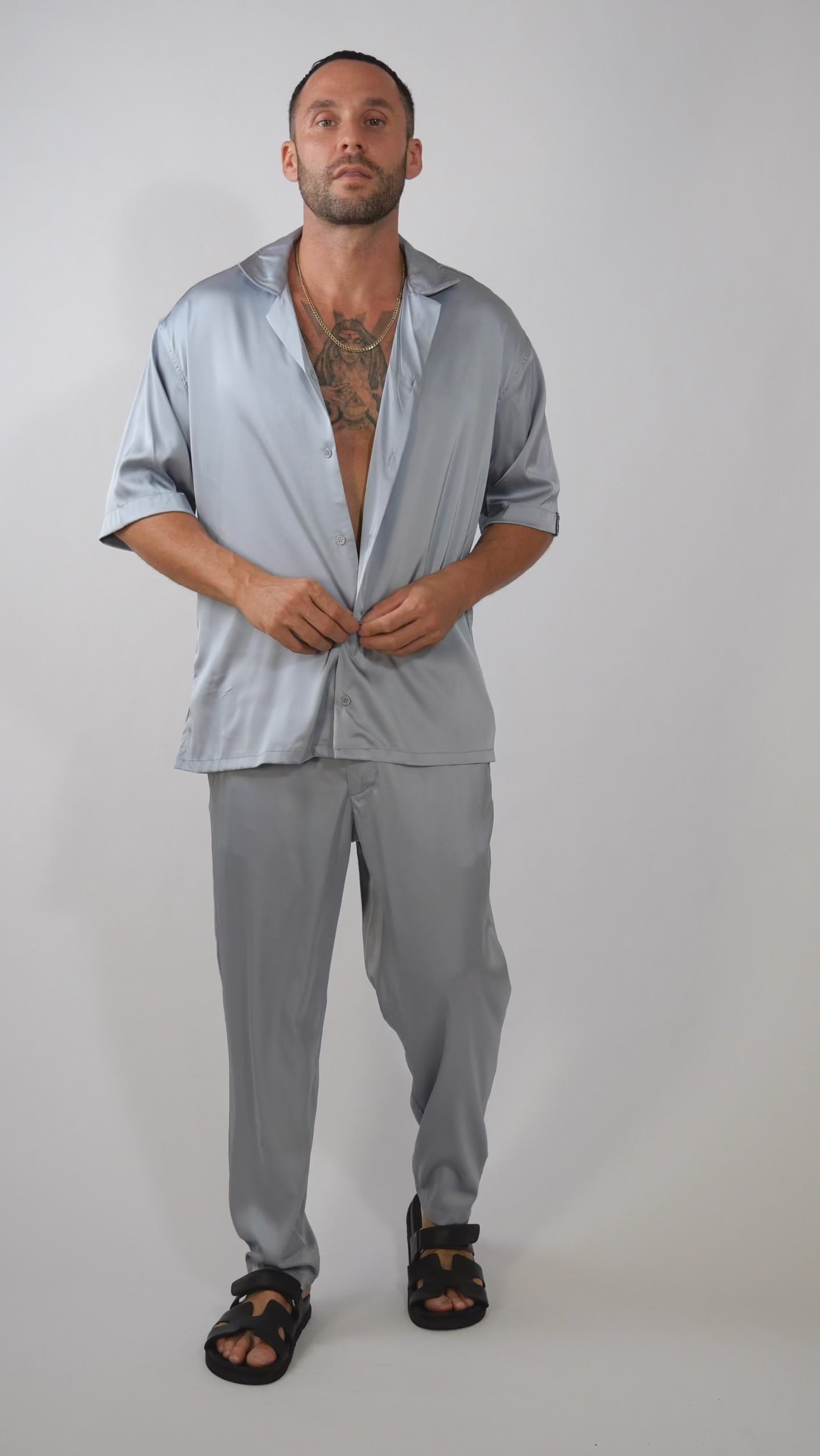 men luxury streetwear outfit video, monochromatic shirt and pants set, HUSTLE brand 