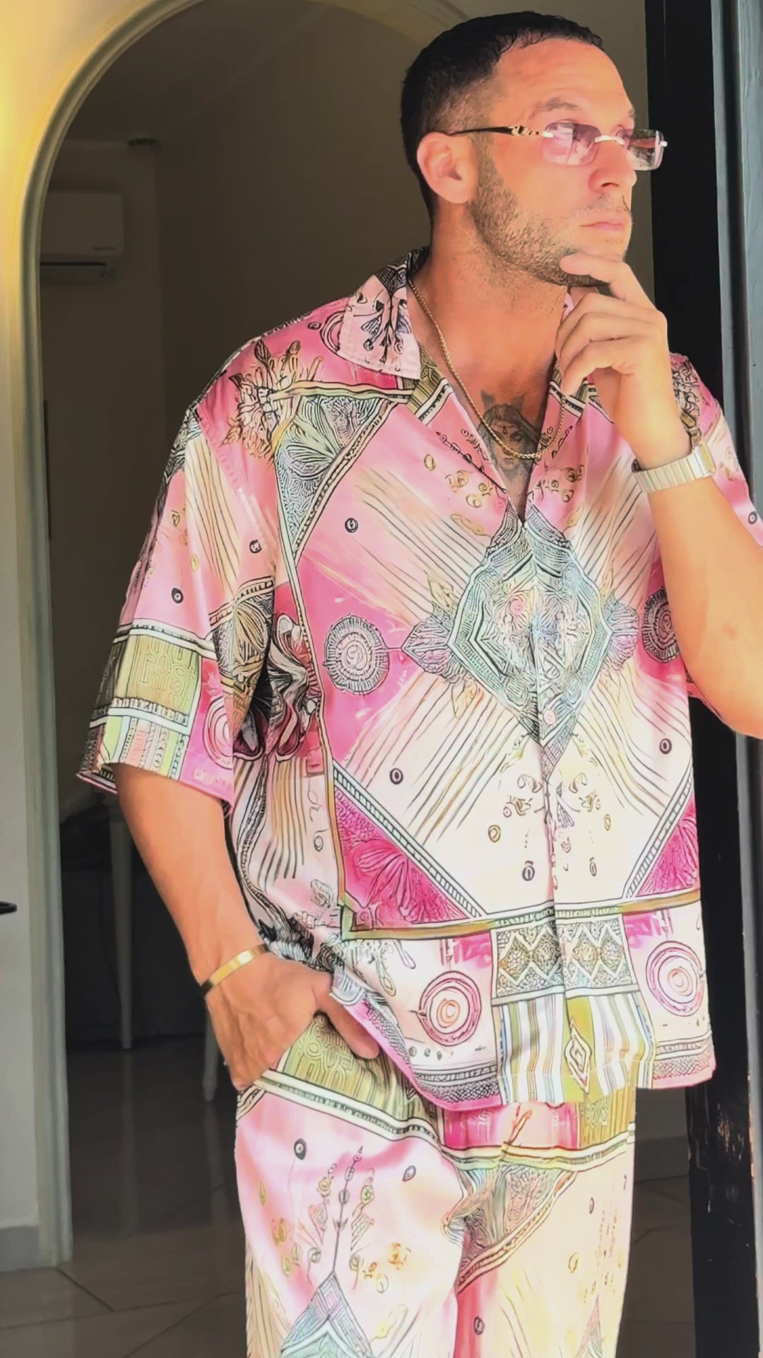 Scar City men's satin shirt worn as the co-ord set, video in the doorway, We Hustle