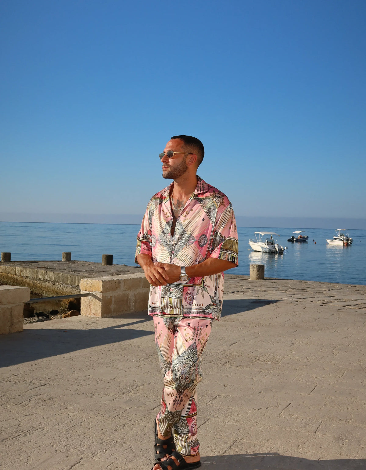 Scar City men's satin shirt worn as the co-ord set on the seafront pier, We Hustle