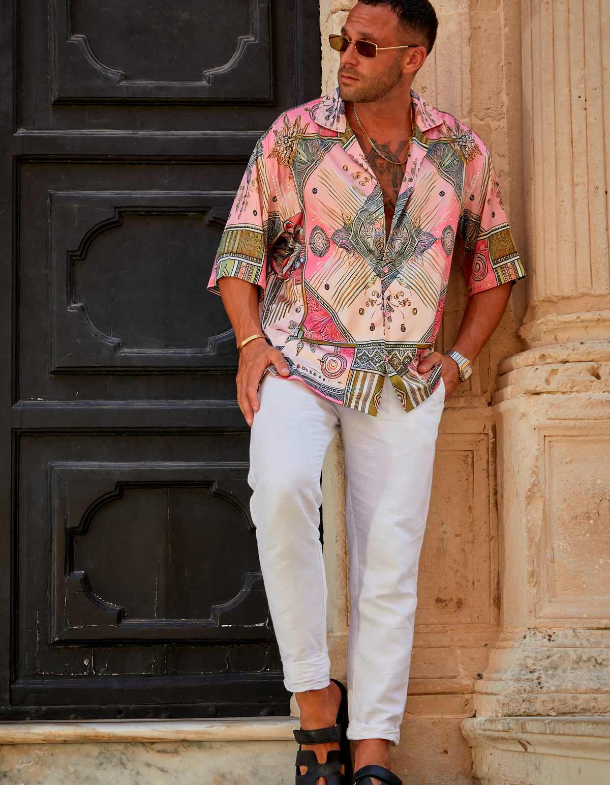Scar City men's satin Cuban collar shirt with white trousers, second look at the church door, We Hustle