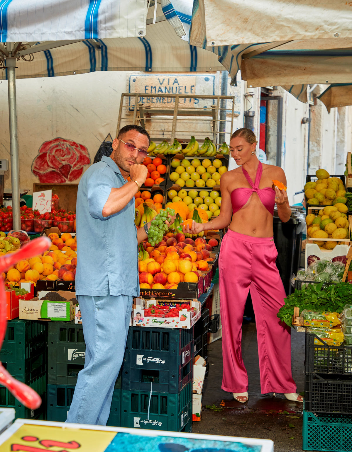 Sky Blue men's linen set with the Venezia Muse women's set at the market, We Hustle