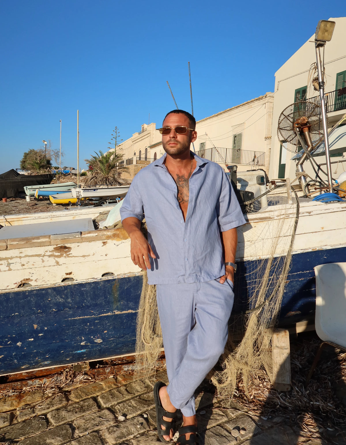 Sky Blue men's linen set on the harbour dock, We Hustle