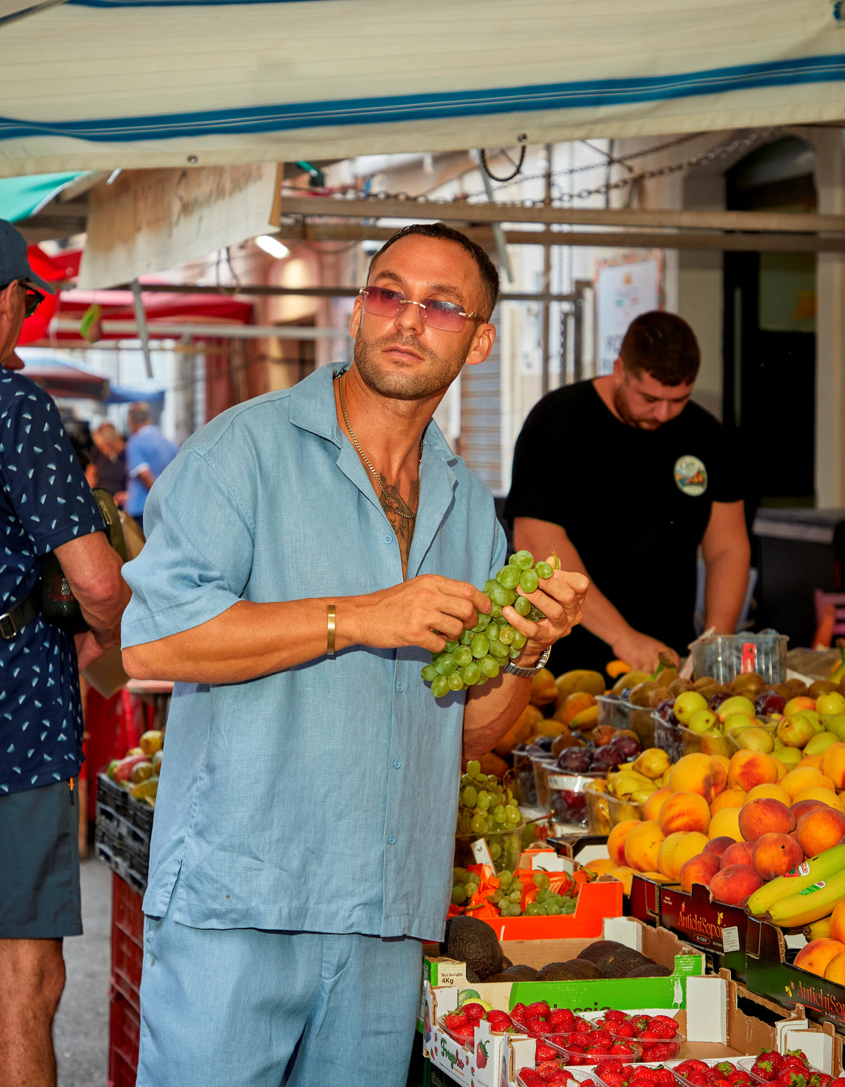 Sky Blue men's linen set at the fruit market, We Hustle