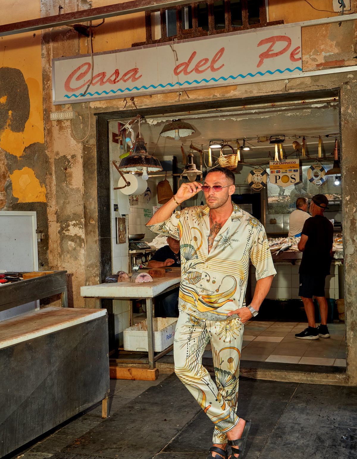 South Beach men's satin co-ord set, shirt and trousers at the fish market, We Hustle