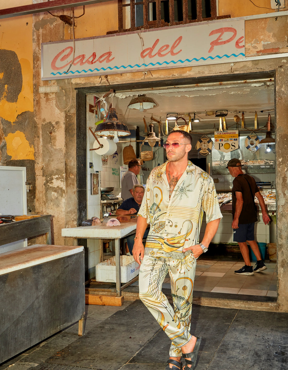 South Beach men's satin trousers with the matching shirt in the fish market doorway, We Hustle