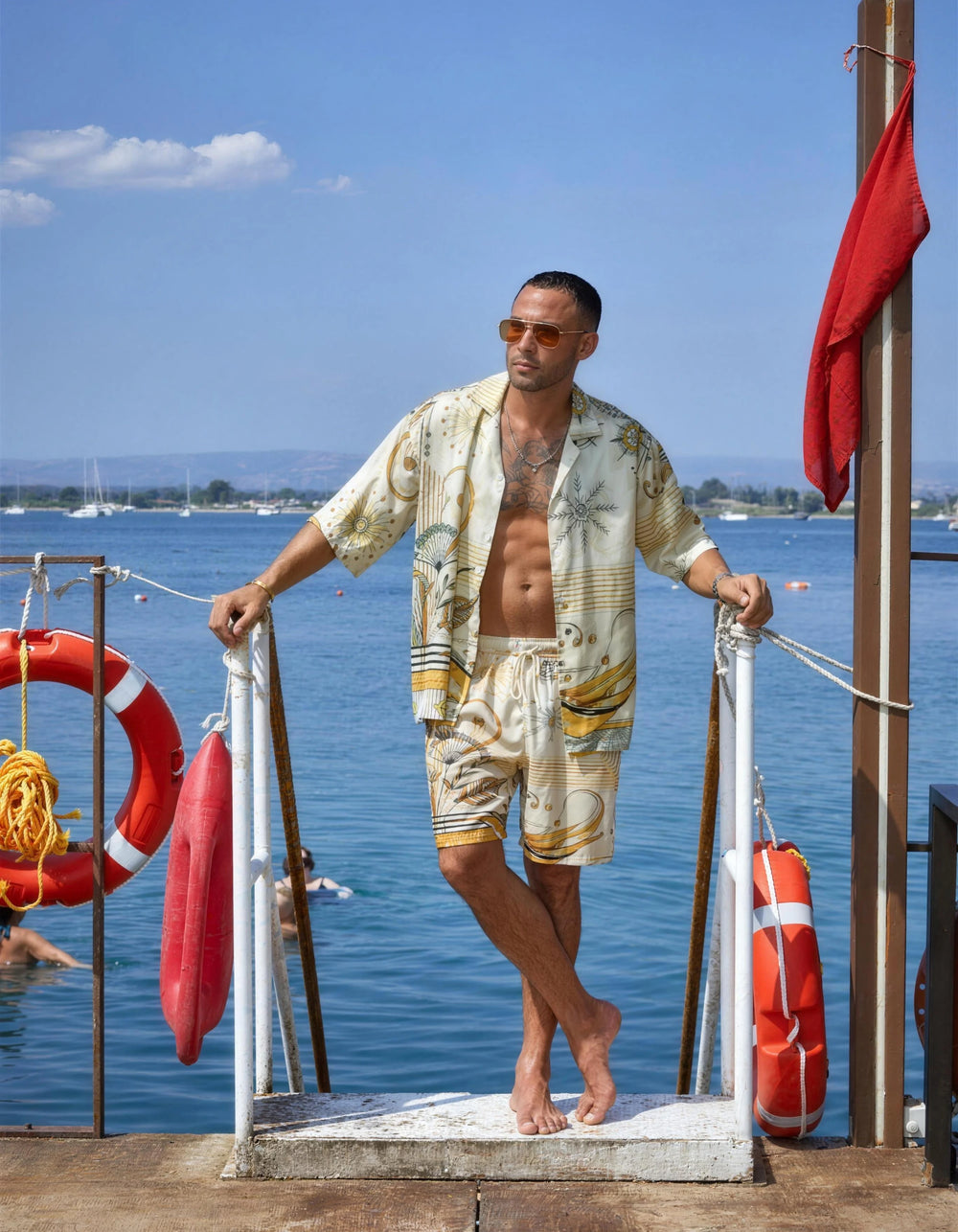 South Beach men's satin shirt and swim short set on the pier, second look, We Hustle