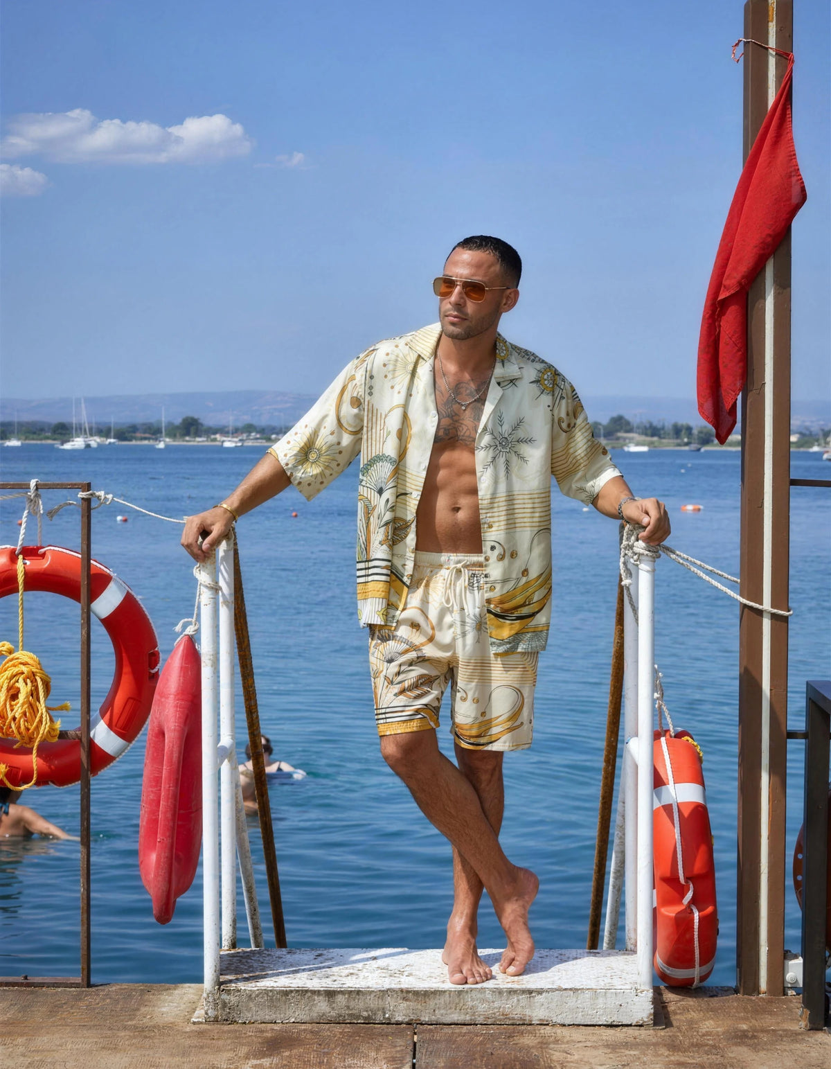 South Beach men's satin shirt and swim short set on the pier, second look, We Hustle