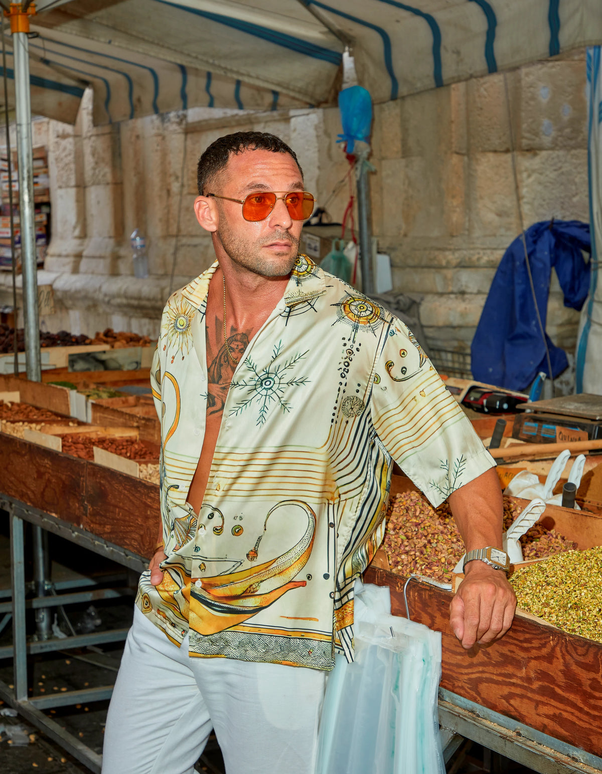 South Beach men's satin Cuban collar shirt with white trousers at the market, We Hustle