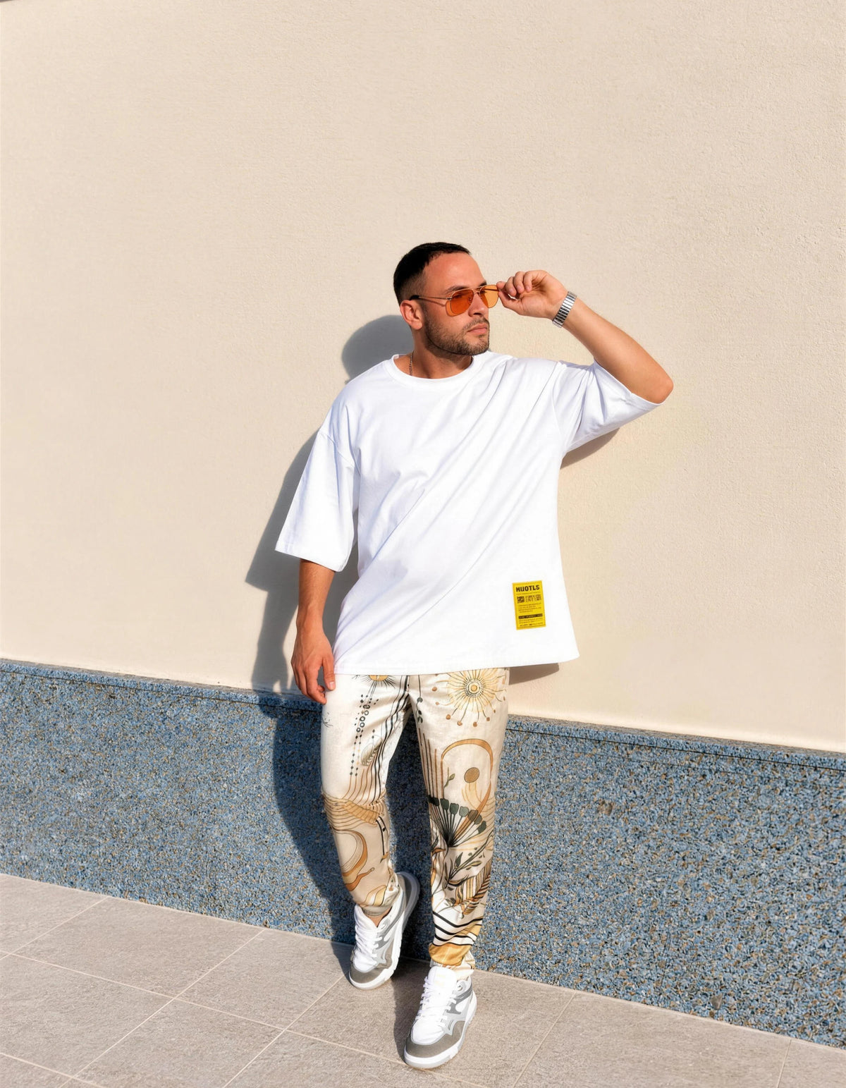 South Beach men's satin trousers styled with a white oversized tee, We Hustle